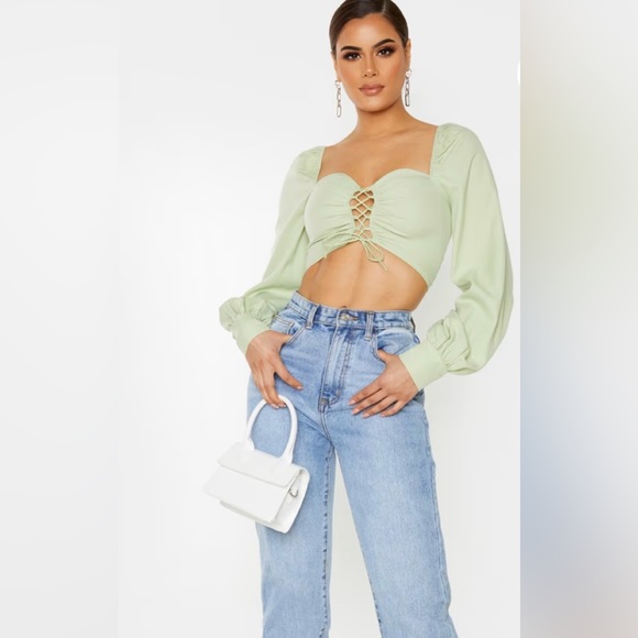 PrettyLittleThing Sage Green Lace Up Long Sleeve Cropped Blouse - Picture 5 of 10